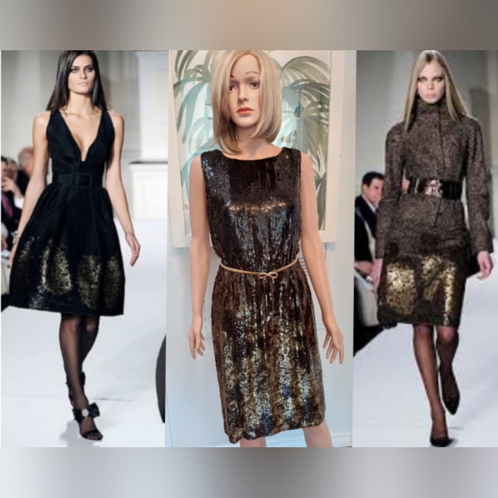 □$5,700 OSCAR DE LA RENTA GORGEOUS BLACK GOLD SILK  SEQUIN BEAD RUNWAY US 8 M